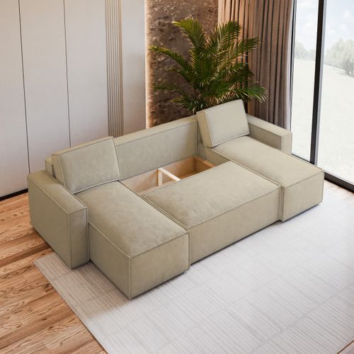 Canapé D'angle Pesano Crème En Velours Avec Fonction De Couchage