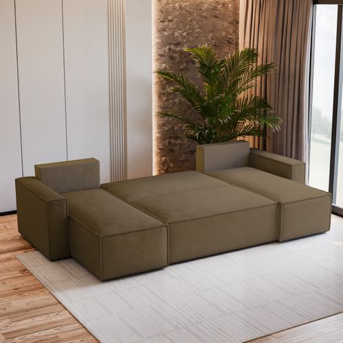 Canapé D'angle Pesano Beige En Velours Avec Fonction De Couchage