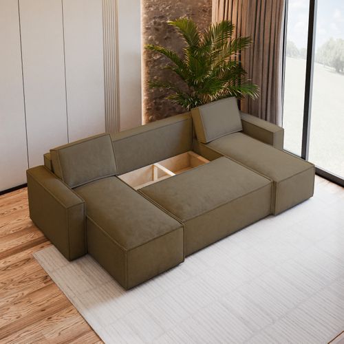 Canapé D'angle Pesano Beige En Velours Avec Fonction De Couchage