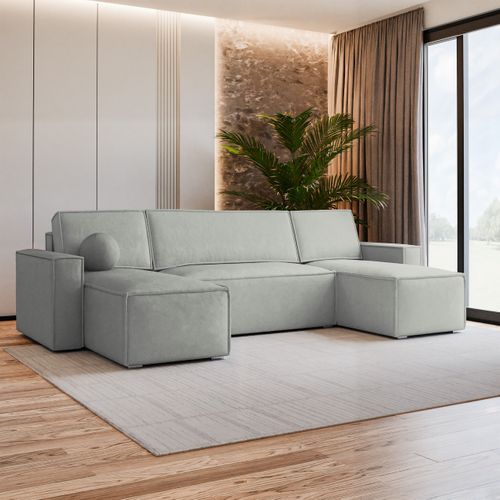 Canapé D'angle Pesano Gris Clair En Velours Avec Fonction De Couchage