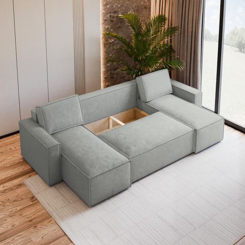 Canapé D'angle Pesano Gris Clair En Velours Avec Fonction De Couchage