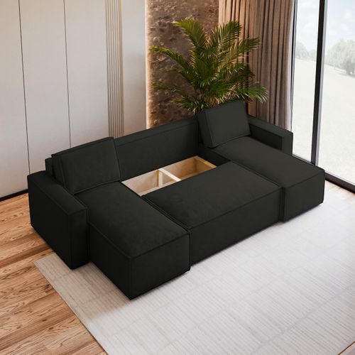 Canapé D'angle Pesano Noir En Velours Avec Fonction De Couchage