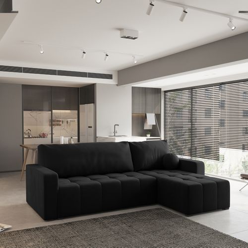 Canapé D'angle Volira Noir En Peluche Avec Fonction De Couchage