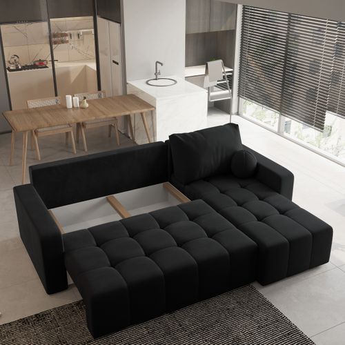 Canapé D'angle Volira Noir En Peluche Avec Fonction De Couchage