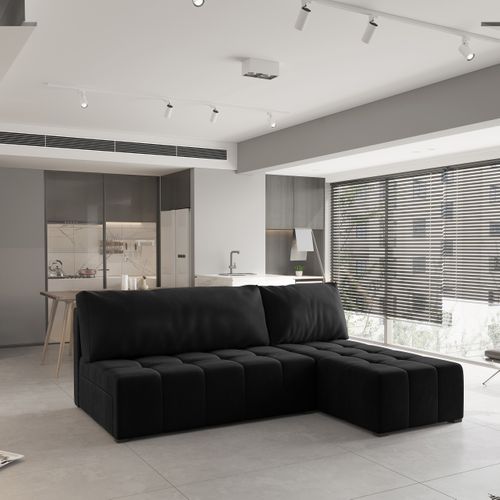 Canapé D'angle Domira Noir En Peluche Avec Fonction De Couchage