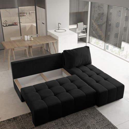 Canapé D'angle Domira Noir En Peluche Avec Fonction De Couchage