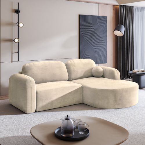 Canapé D'angle Amilia Crème En Velours Avec Fonction De Couchage