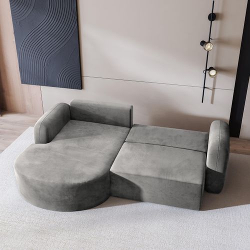 Canapé D'angle Amilia Gris Clair En Velours Avec Fonction De Couchage