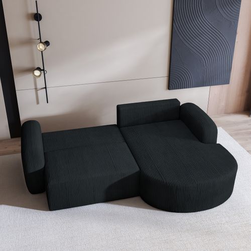 Canapé D'angle Amilia Noir En Velours Côtelé Avec Fonction De Couchage