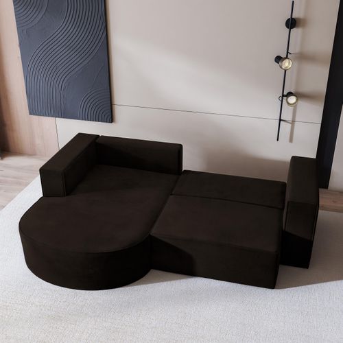 Canapé D'angle Sorela Marron En Velours Avec Fonction De Couchage