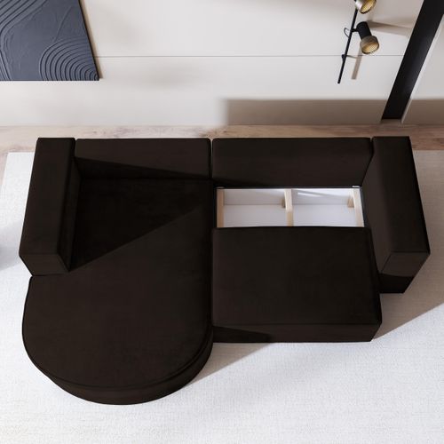 Canapé D'angle Sorela Marron En Velours Avec Fonction De Couchage