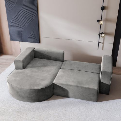 Canapé D'angle Sorela Gris Clair En Velours Avec Fonction De Couchage