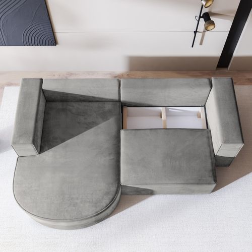 Canapé D'angle Sorela Gris Clair En Velours Avec Fonction De Couchage