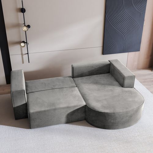 Canapé D'angle Sorela Gris Clair En Velours Avec Fonction De Couchage