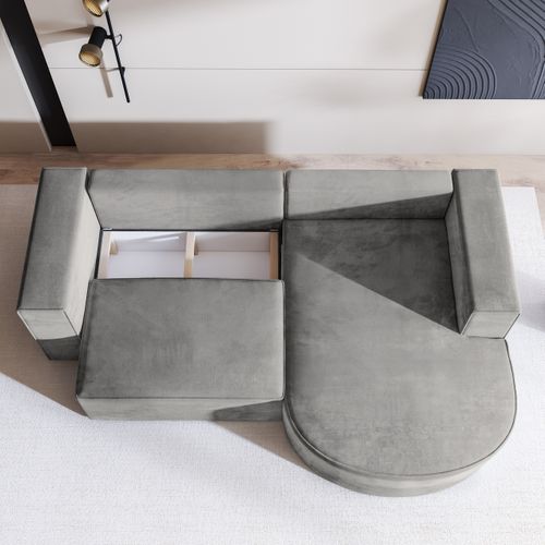 Canapé D'angle Sorela Gris Clair En Velours Avec Fonction De Couchage