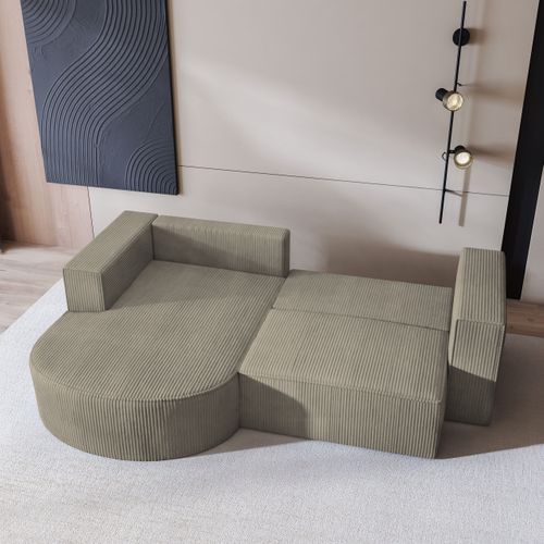 Canapé D'angle Sorela Beige En Velours Côtelé Avec Fonction De Couchage
