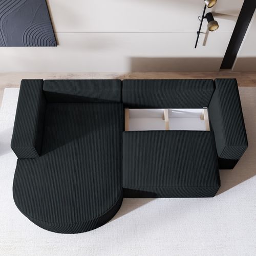 Canapé D'angle Sorela Noir En Velours Côtelé Avec Fonction De Couchage