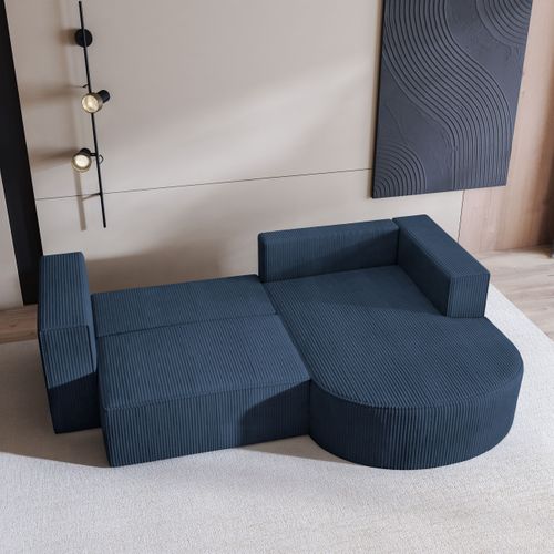 Canapé D'angle Sorela Bleu En Velours Côtelé Avec Fonction De Couchage