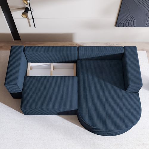 Canapé D'angle Sorela Bleu En Velours Côtelé Avec Fonction De Couchage