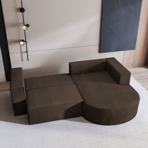 Canapé D'angle Sorela Marron En Velours Côtelé Avec Fonction De Couchage