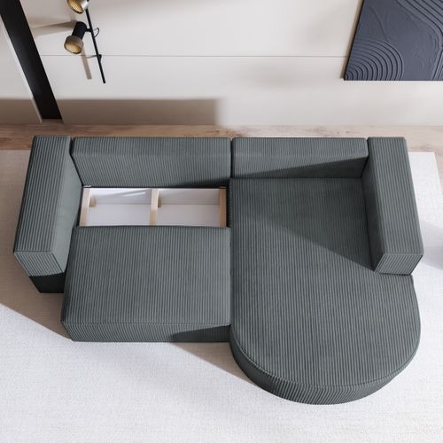 Canapé D'angle Sorela Gris En Velours Côtelé Avec Fonction De Couchage