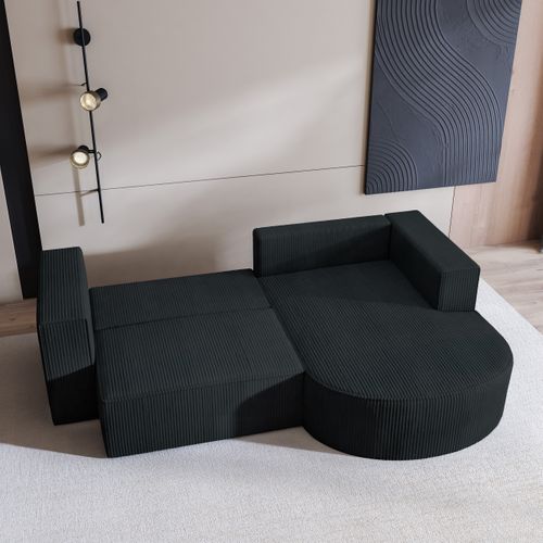 Canapé D'angle Sorela Noir En Velours Côtelé Avec Fonction De Couchage