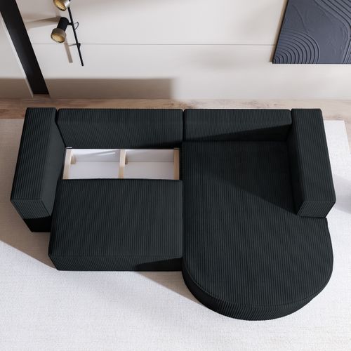 Canapé D'angle Sorela Noir En Velours Côtelé Avec Fonction De Couchage