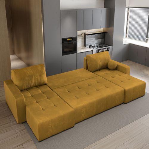 Canapé D'angle Tolari Jaune En Peluche Avec Fonction De Couchage