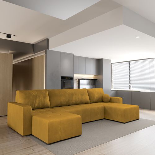 Canapé D'angle Tolari Jaune En Peluche Avec Fonction De Couchage