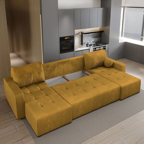 Canapé D'angle Tolari Jaune En Peluche Avec Fonction De Couchage