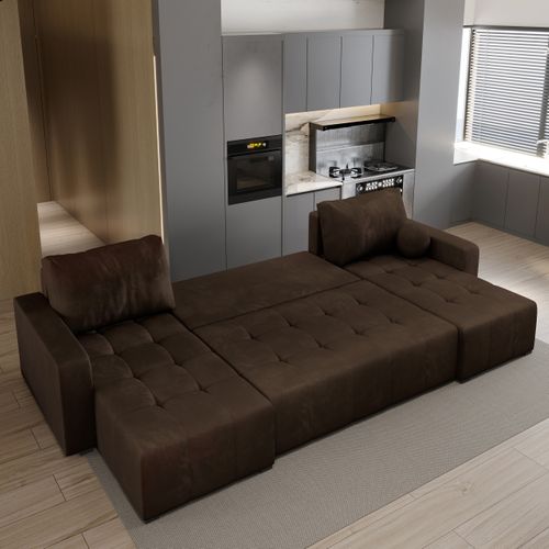 Canapé D'angle Tolari Marron En Peluche Avec Fonction De Couchage