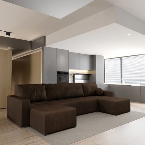 Canapé D'angle Tolari Marron En Peluche Avec Fonction De Couchage