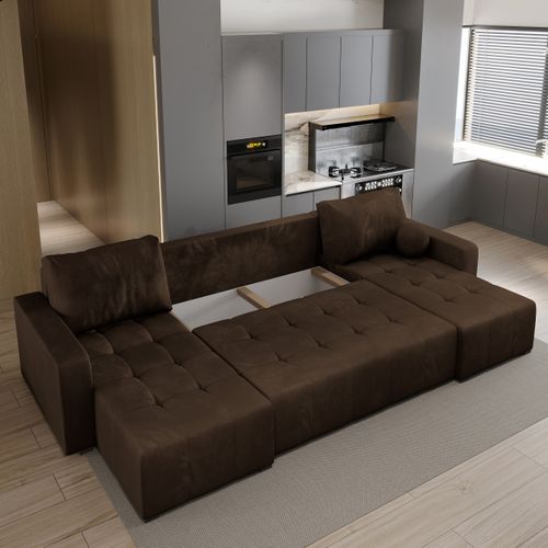 Canapé D'angle Tolari Marron En Peluche Avec Fonction De Couchage