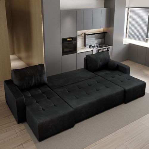 Canapé D'angle Tolari Noir En Peluche Avec Fonction De Couchage