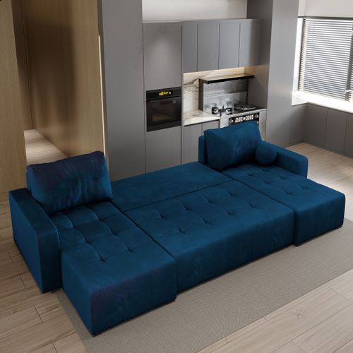 Canapé D'angle Tolari Bleu En Peluche Avec Fonction De Couchage