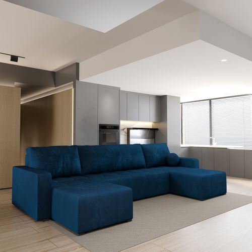 Canapé D'angle Tolari Bleu En Peluche Avec Fonction De Couchage