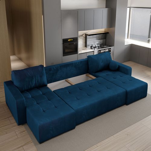 Canapé D'angle Tolari Bleu En Peluche Avec Fonction De Couchage