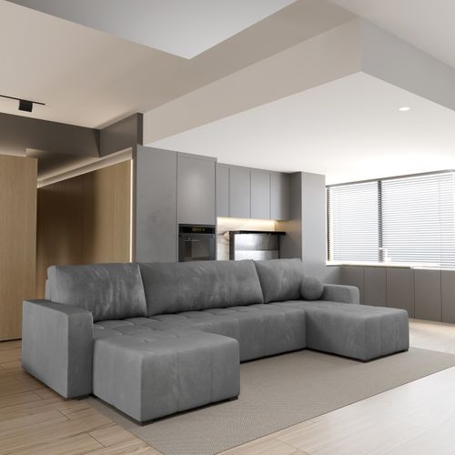 Canapé D'angle Tolari Gris En Peluche Avec Fonction De Couchage