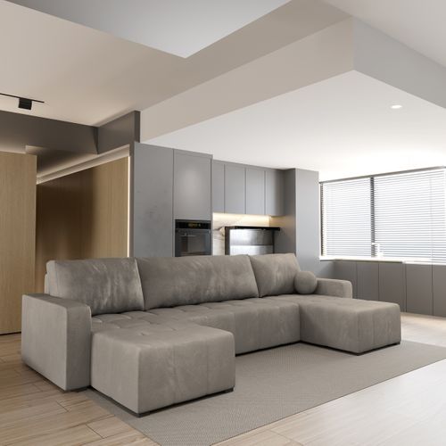 Canapé D'angle Tolari Beige En Peluche Avec Fonction De Couchage