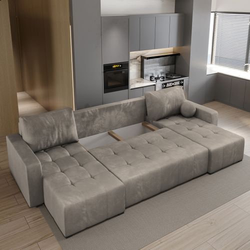 Canapé D'angle Tolari Beige En Peluche Avec Fonction De Couchage