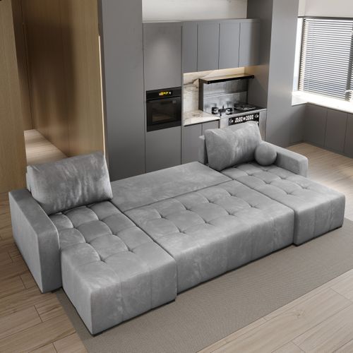 Canapé D'angle Tolari Gris Clair En Peluche Avec Fonction De Couchage