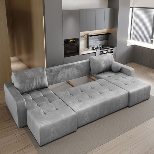 Canapé D'angle Tolari Gris Clair En Peluche Avec Fonction De Couchage