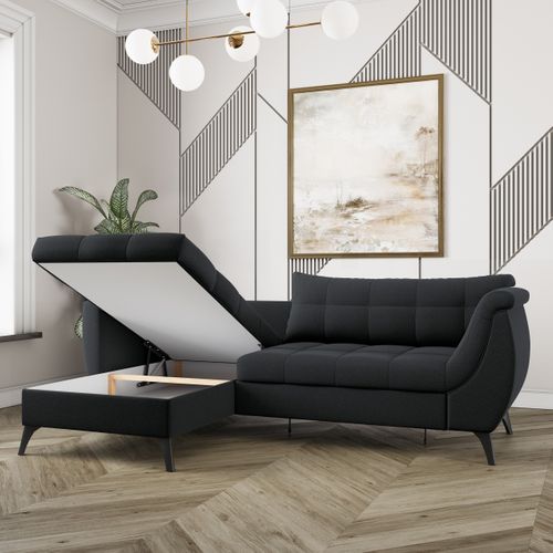 Canapé D'angle Mollis Noir En Tissu Texturé Avec Fonction De Couchage