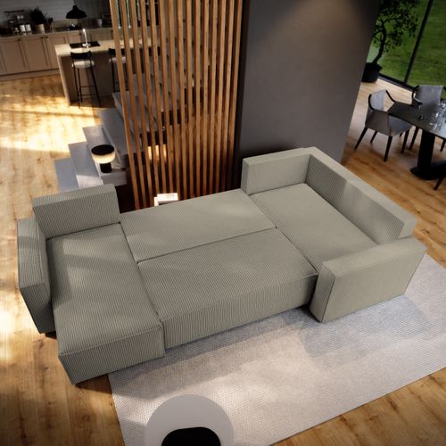 Canapé D'angle Norena Beige En Velours Côtelé Avec Fonction De Couchage