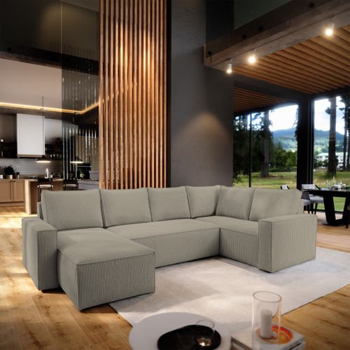 Canapé D'angle Norena Beige En Velours Côtelé Avec Fonction De Couchage