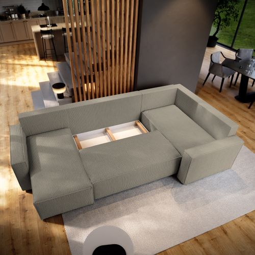 Canapé D'angle Norena Beige En Velours Côtelé Avec Fonction De Couchage