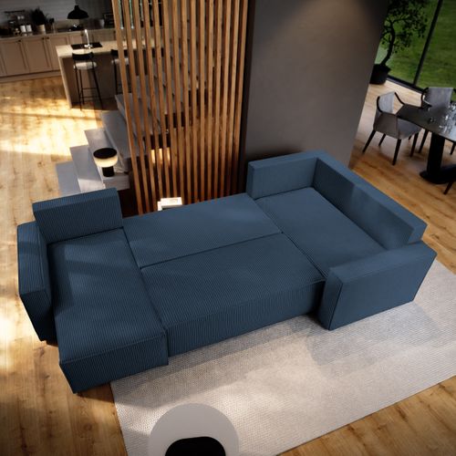 Canapé D'angle Norena Bleu En Velours Côtelé Avec Fonction De Couchage