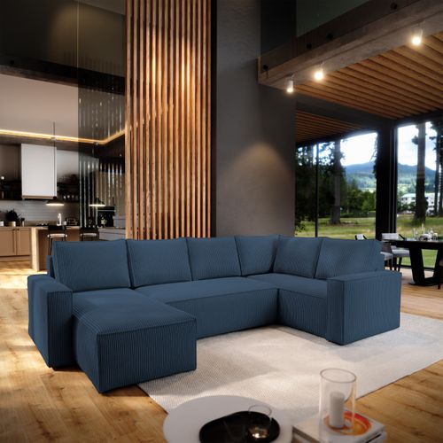 Canapé D'angle Norena Bleu En Velours Côtelé Avec Fonction De Couchage