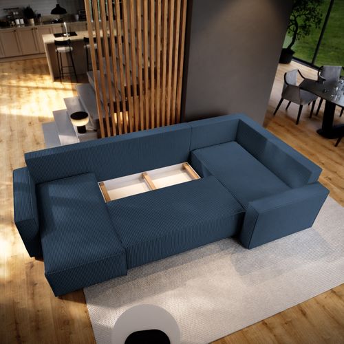 Canapé D'angle Norena Bleu En Velours Côtelé Avec Fonction De Couchage