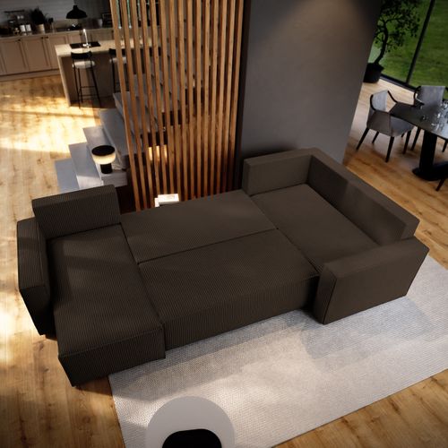 Canapé D'angle Norena Marron En Velours Côtelé Avec Fonction De Couchage